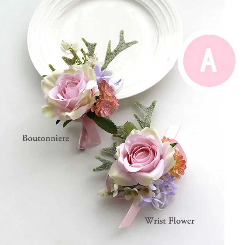 Boutonniere & Corsages Pink Roses Silk Flowers