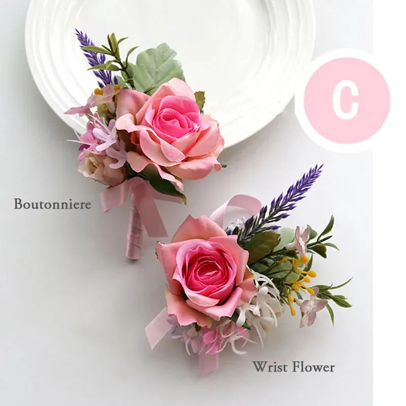 Boutonniere & Corsages Pink Roses Silk Flowers