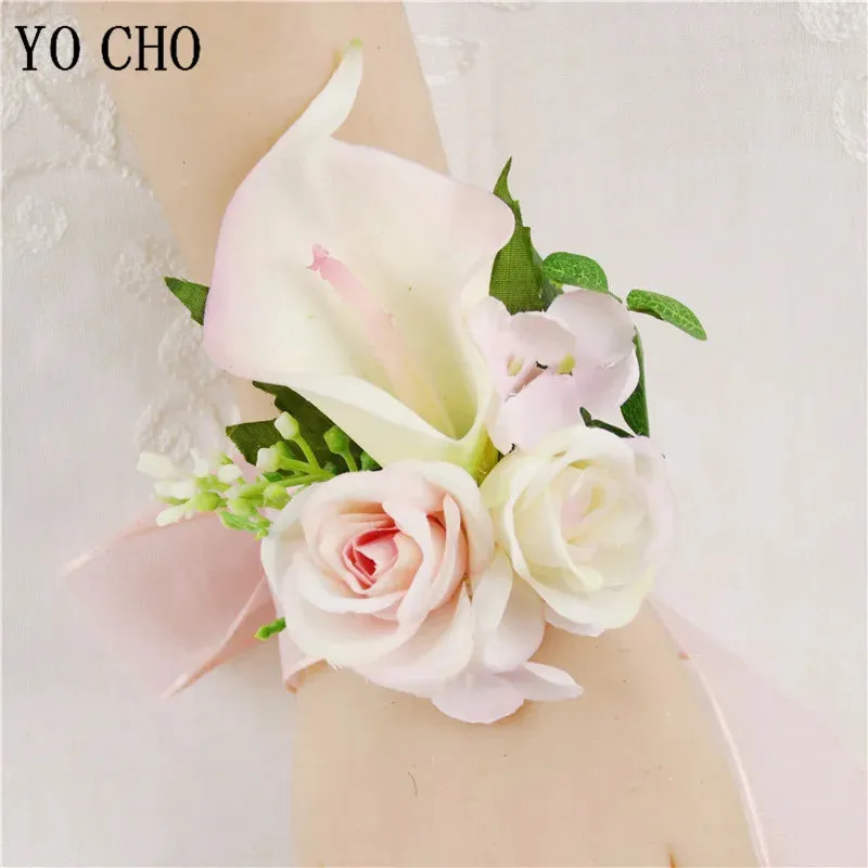 Boutonniere Bridal Wrist Corsage Wedding Silk Rose Calla Lily Flower
