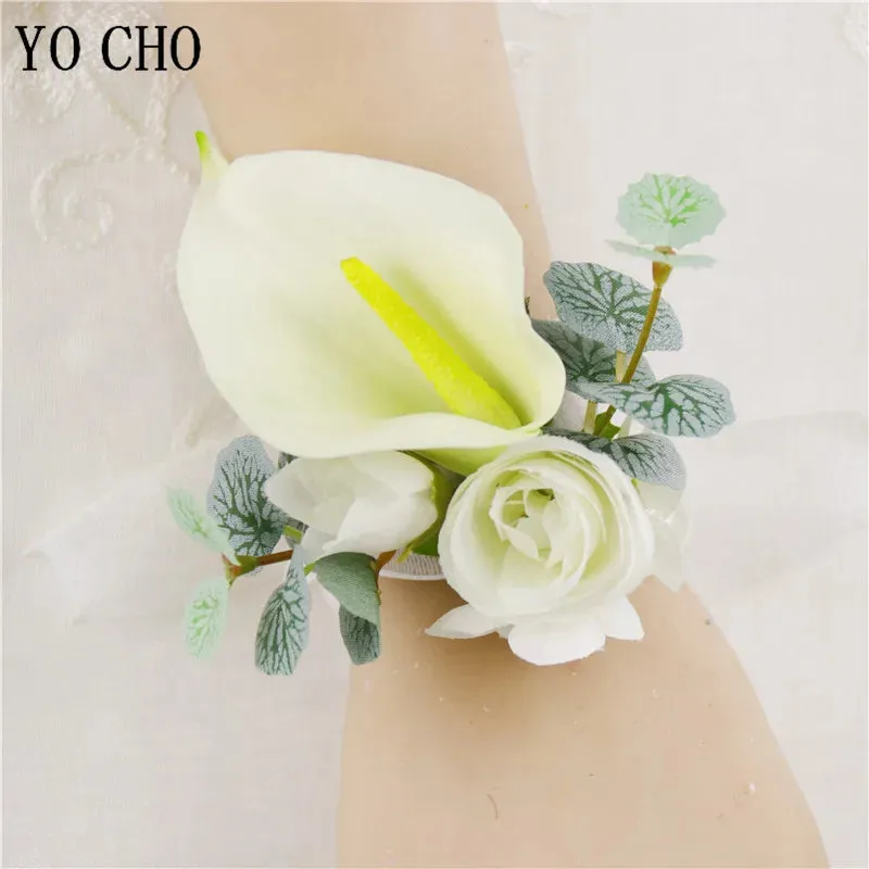 Boutonniere Bridal Wrist Corsage Wedding Silk Rose Calla Lily Flower