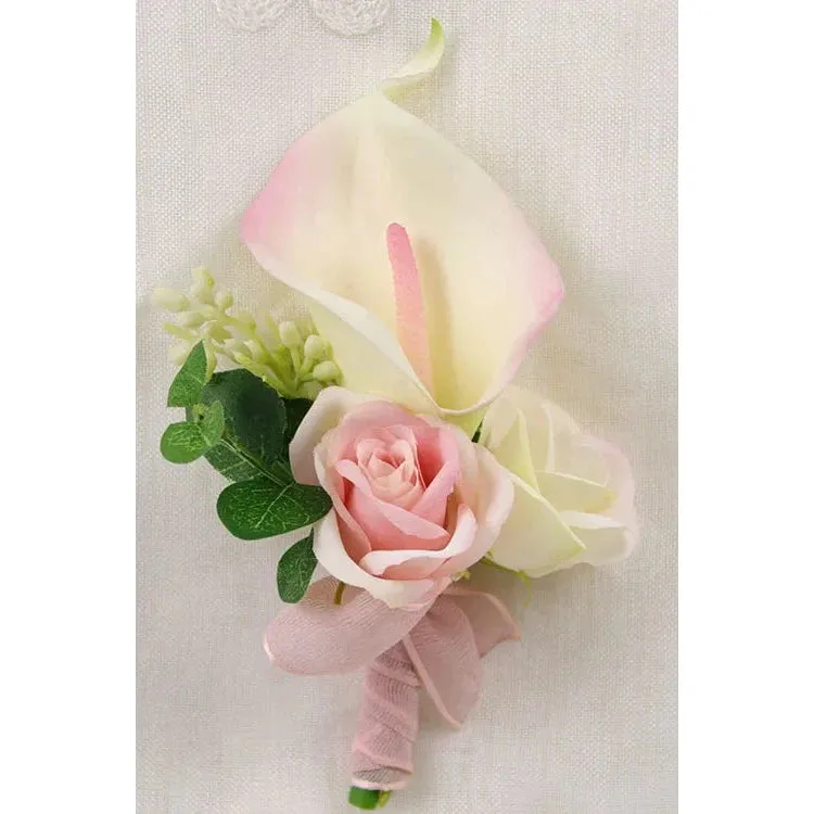 Boutonniere Bridal Wrist Corsage Wedding Silk Rose Calla Lily Flower