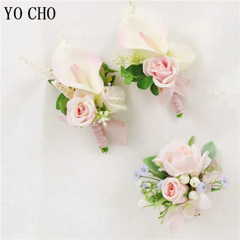 Boutonniere Bridal Wrist Corsage Wedding Silk Rose Calla Lily Flower