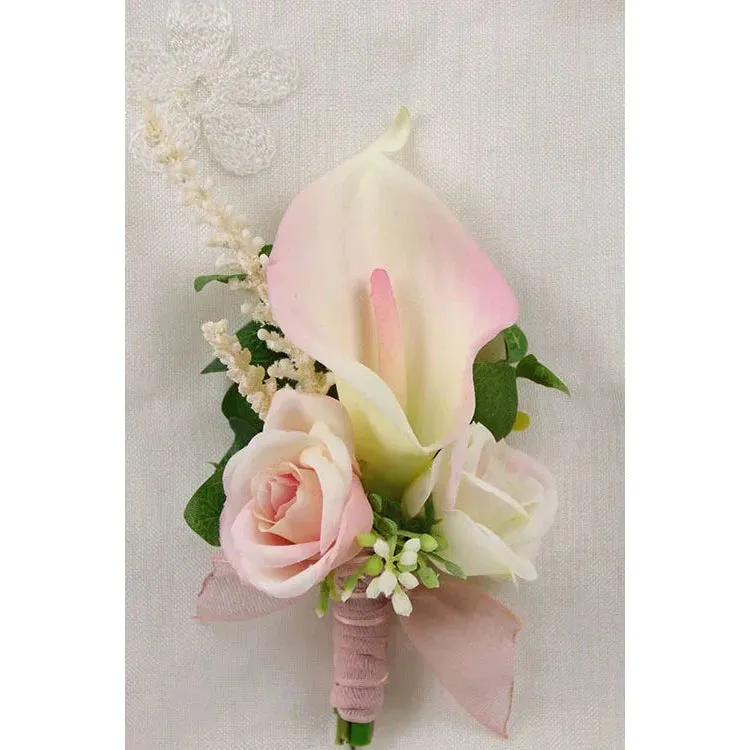 Boutonniere Bridal Wrist Corsage Wedding Silk Rose Calla Lily Flower