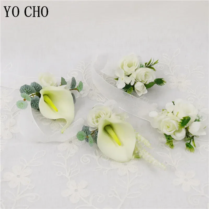Boutonniere Bridal Wrist Corsage Wedding Silk Rose Calla Lily Flower