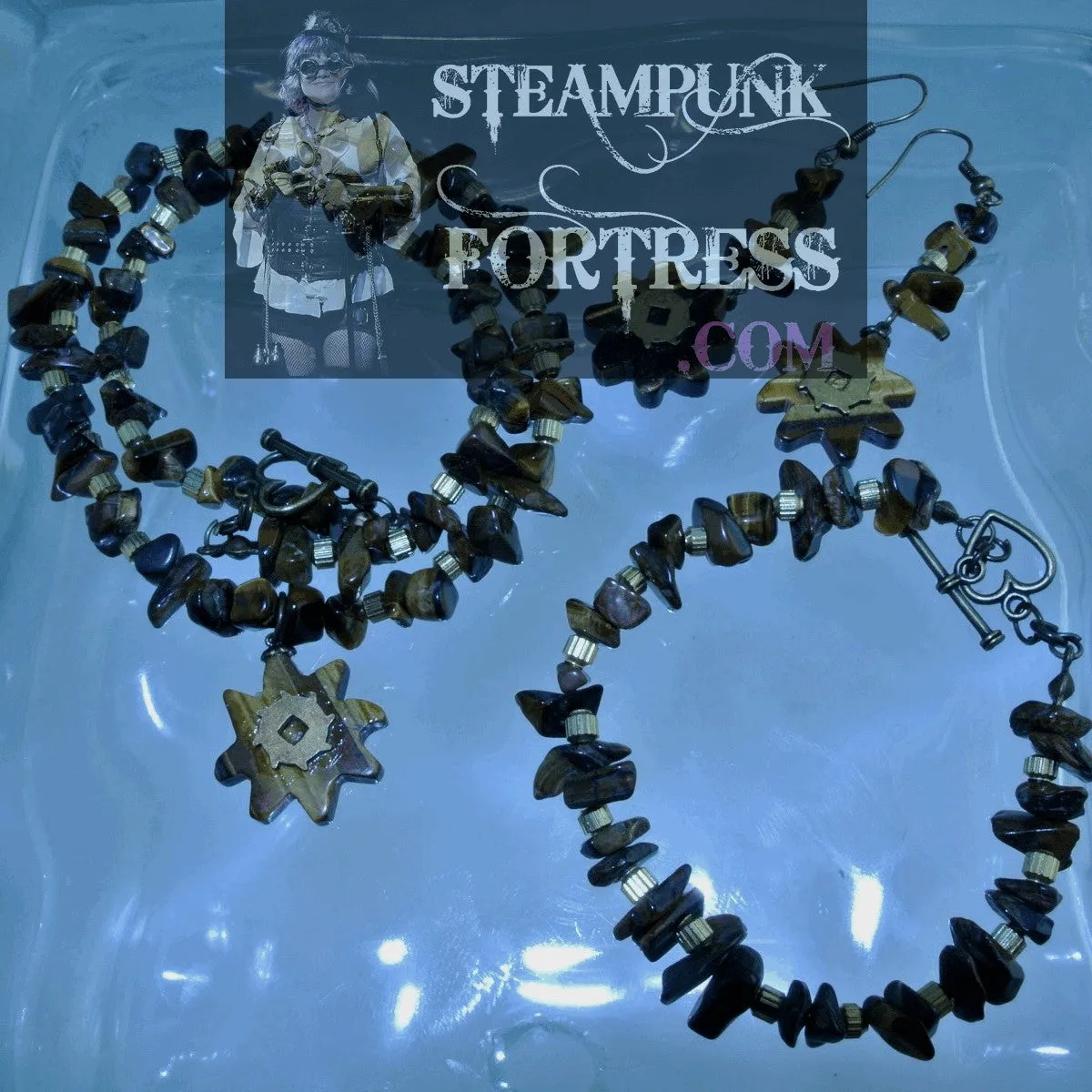 BRASS TIGERS EYE GEMSTONES STONES CHIPS GOLD RIBBED BEADS BRACELET SET AVAILABLE STARR WILDE STEAMPUNK FORTRESS