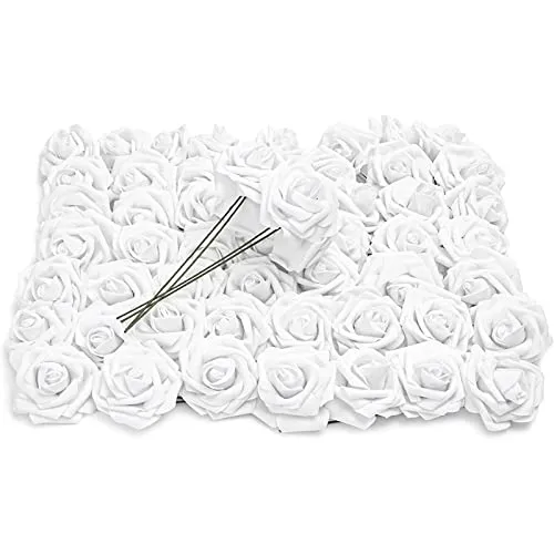 Bright Creations 3" Artificial Rose Flowers 60pcs Real Looking Fake Rose with Stem for DIY Wedding Bouquets and Bridal Shower, White