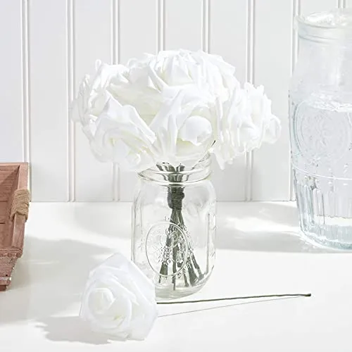 Bright Creations 3" Artificial Rose Flowers 60pcs Real Looking Fake Rose with Stem for DIY Wedding Bouquets and Bridal Shower, White