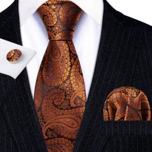Bronze Paisley Tie, Pocket Square and Cufflinks