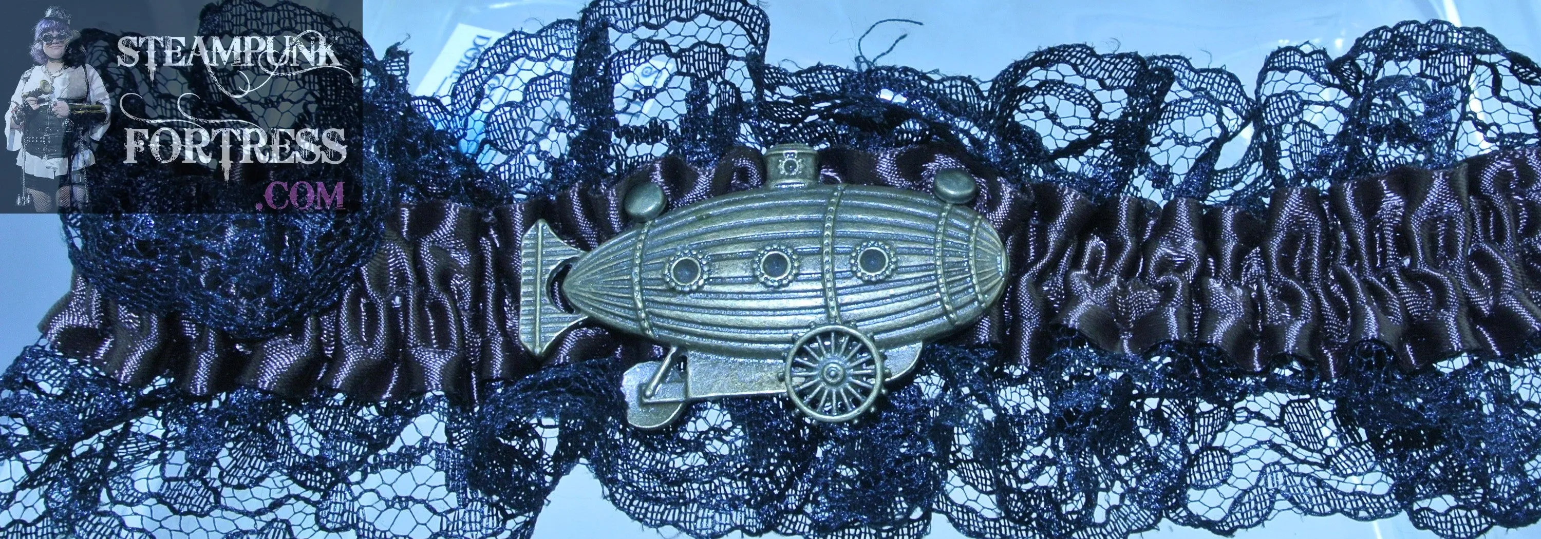 BROWN GARTER BLACK LACE XL PLUS BRASS AIRSHIP ZEPPELIN DIRIGIBLE BLIMP GARTER STARR WILDE STEAMPUNK FORTRESS