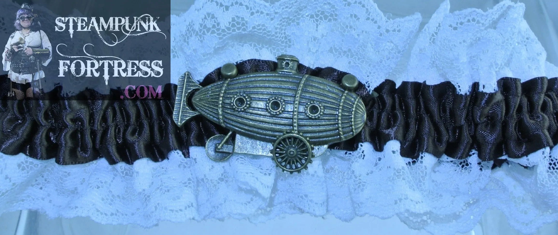 BROWN WHITE LACE XL PLUS BRASS AIRSHIP ZEPPELIN DIRIGIBLE BLIMP GARTER STARR WILDE STEAMPUNK FORTRESS