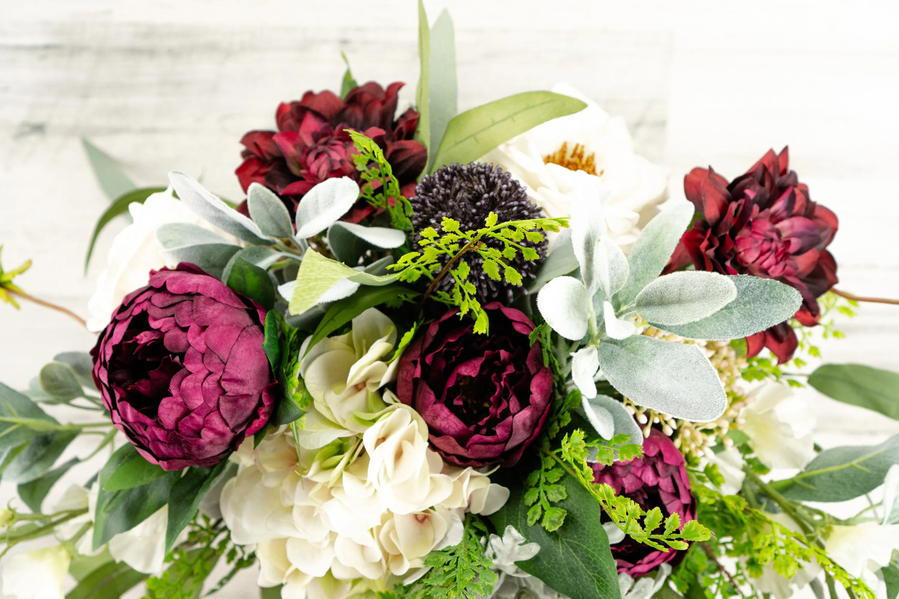 Burgundy and White Cascading Boho Bouquet