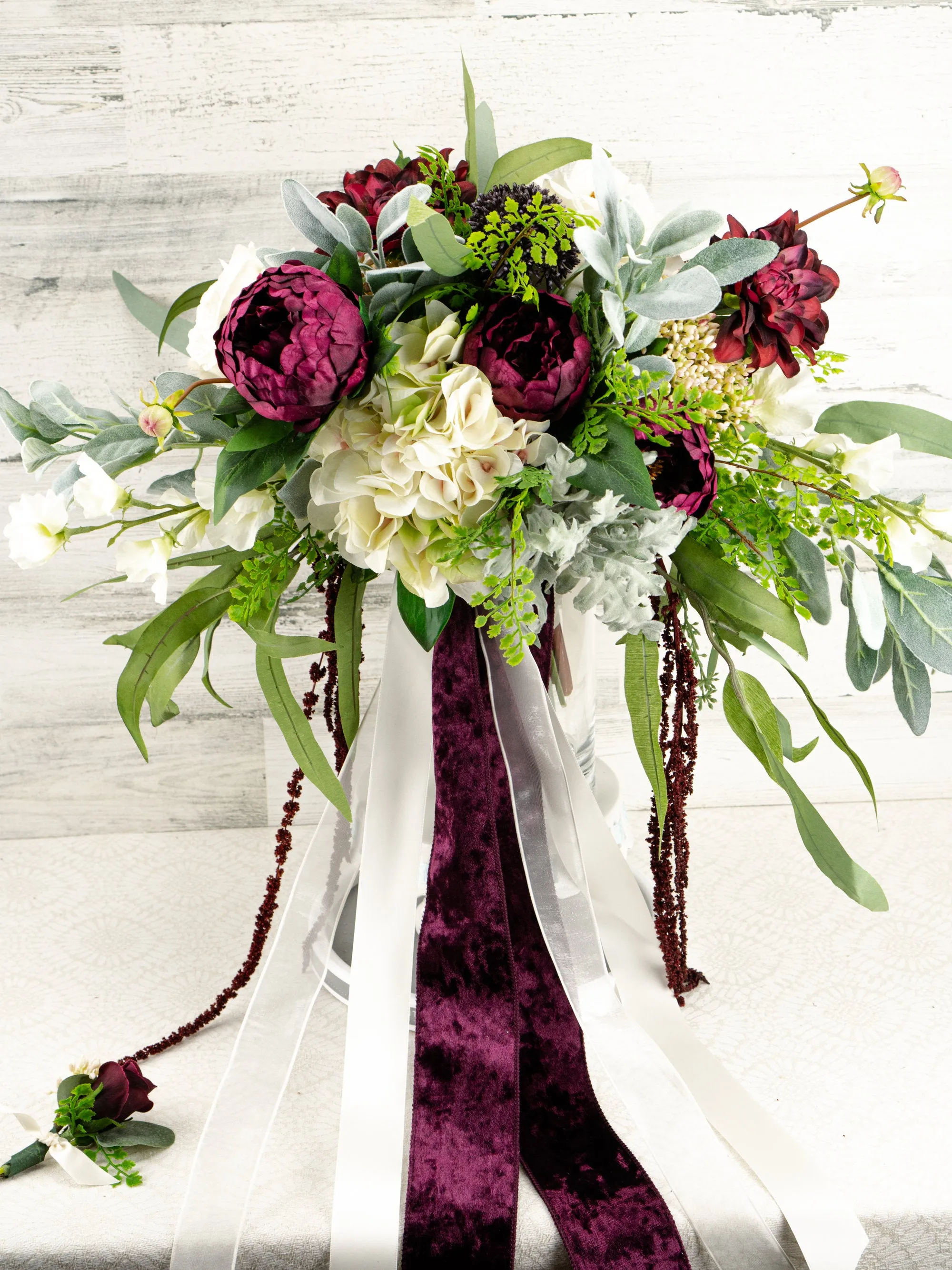 Burgundy and White Cascading Boho Bouquet