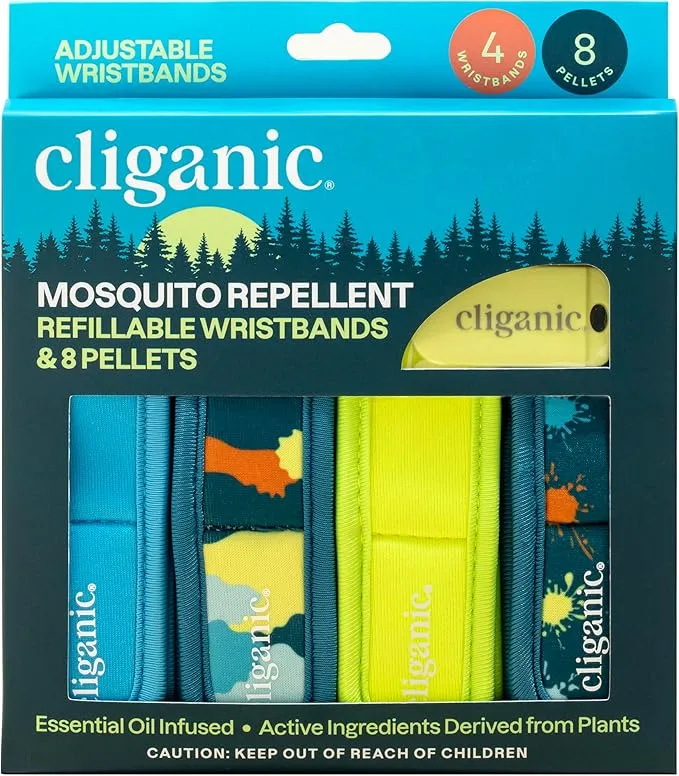 Cliganic Mosquito Repellent Pack (4 Wristbands   8 Refill Pellets) - Adjustable, Natural DEET-Free, Essential Oil Infused