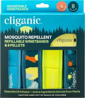 Cliganic Mosquito Repellent Pack (4 Wristbands   8 Refill Pellets) - Adjustable, Natural DEET-Free, Essential Oil Infused