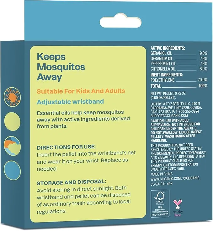 Cliganic Mosquito Repellent Pack (4 Wristbands   8 Refill Pellets) - Adjustable, Natural DEET-Free, Essential Oil Infused