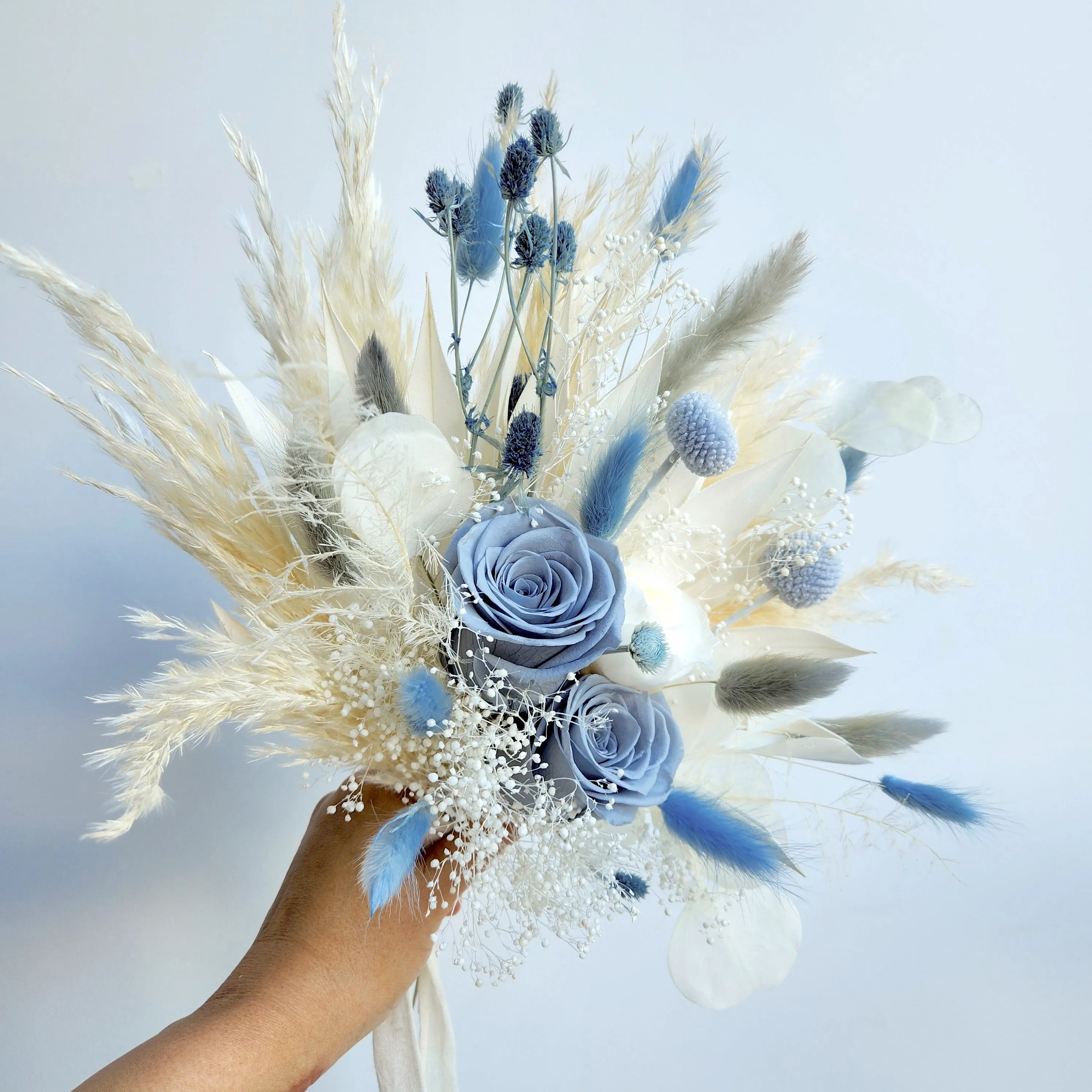 Dusty Blue Dried Flower Bouquet, Blue and Ivory Wedding Flowers