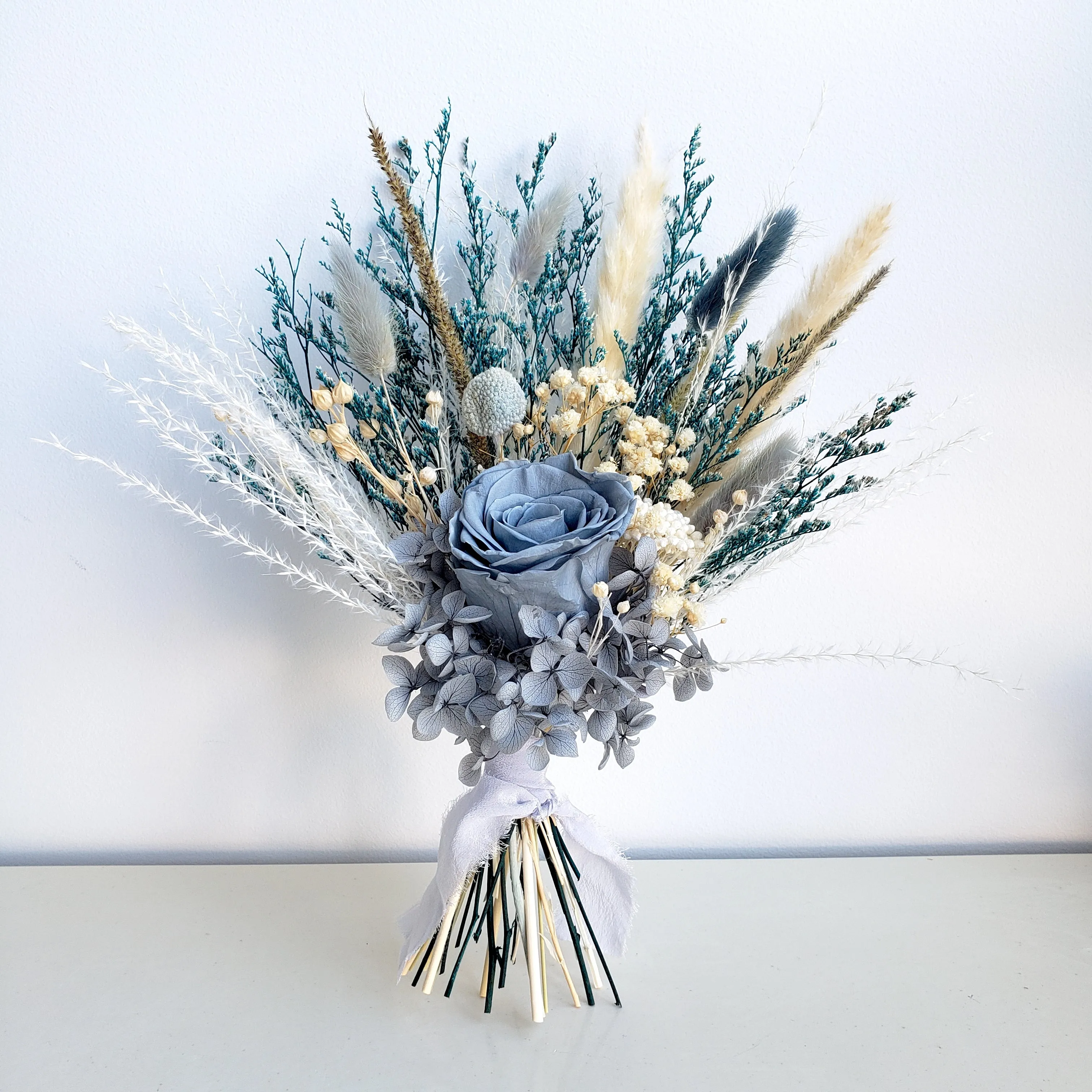 Dusty Blue Dried Flower Wedding Bouquet, Teal Blue