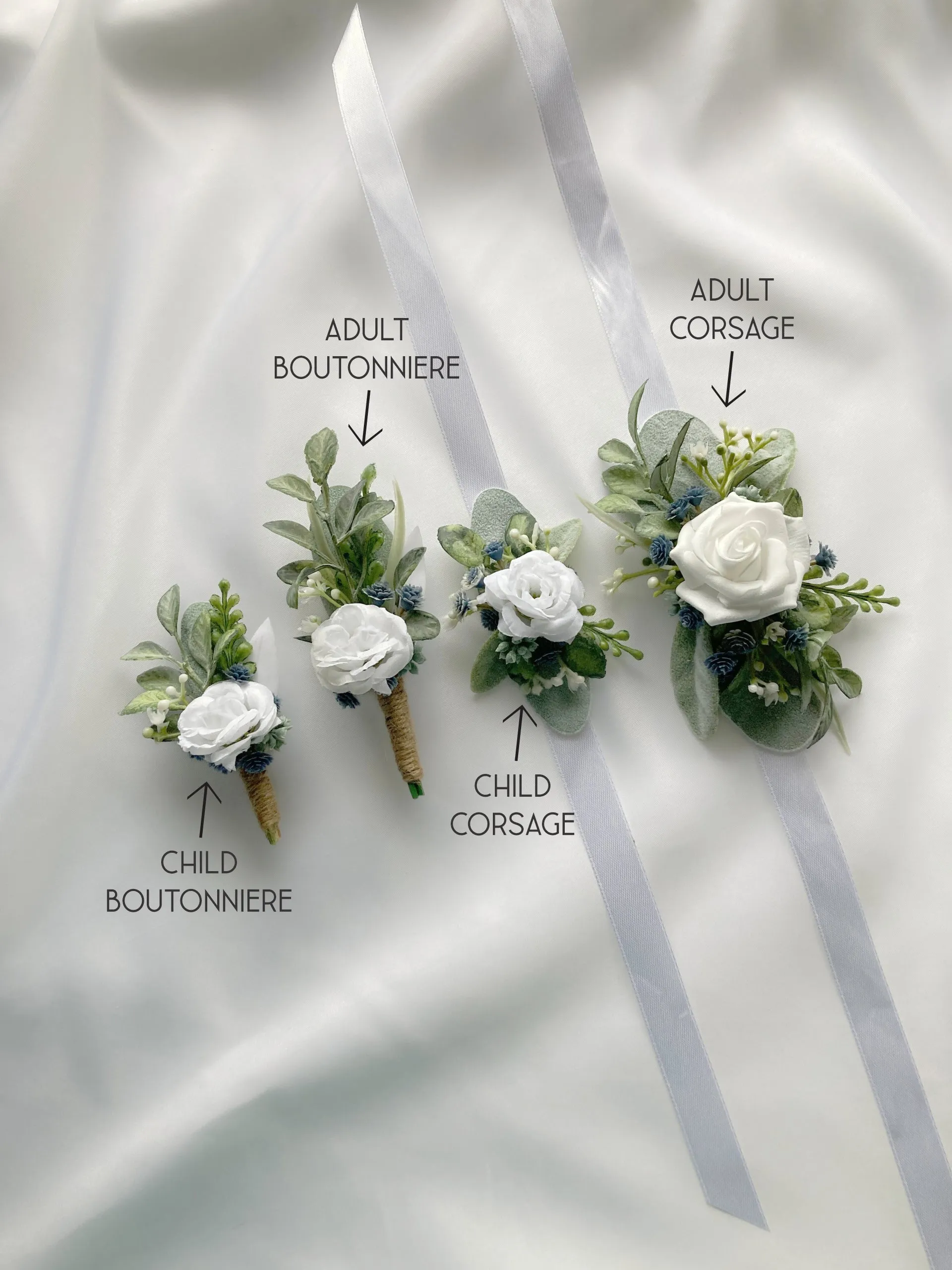 Dusty Blue   White Wrist Corsage