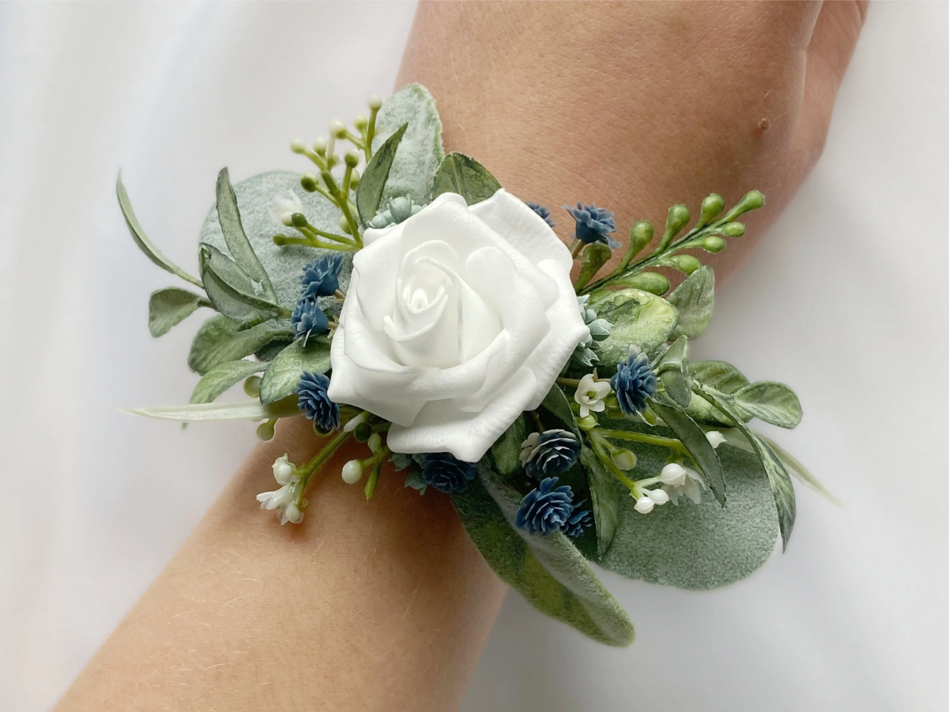 Dusty Blue   White Wrist Corsage