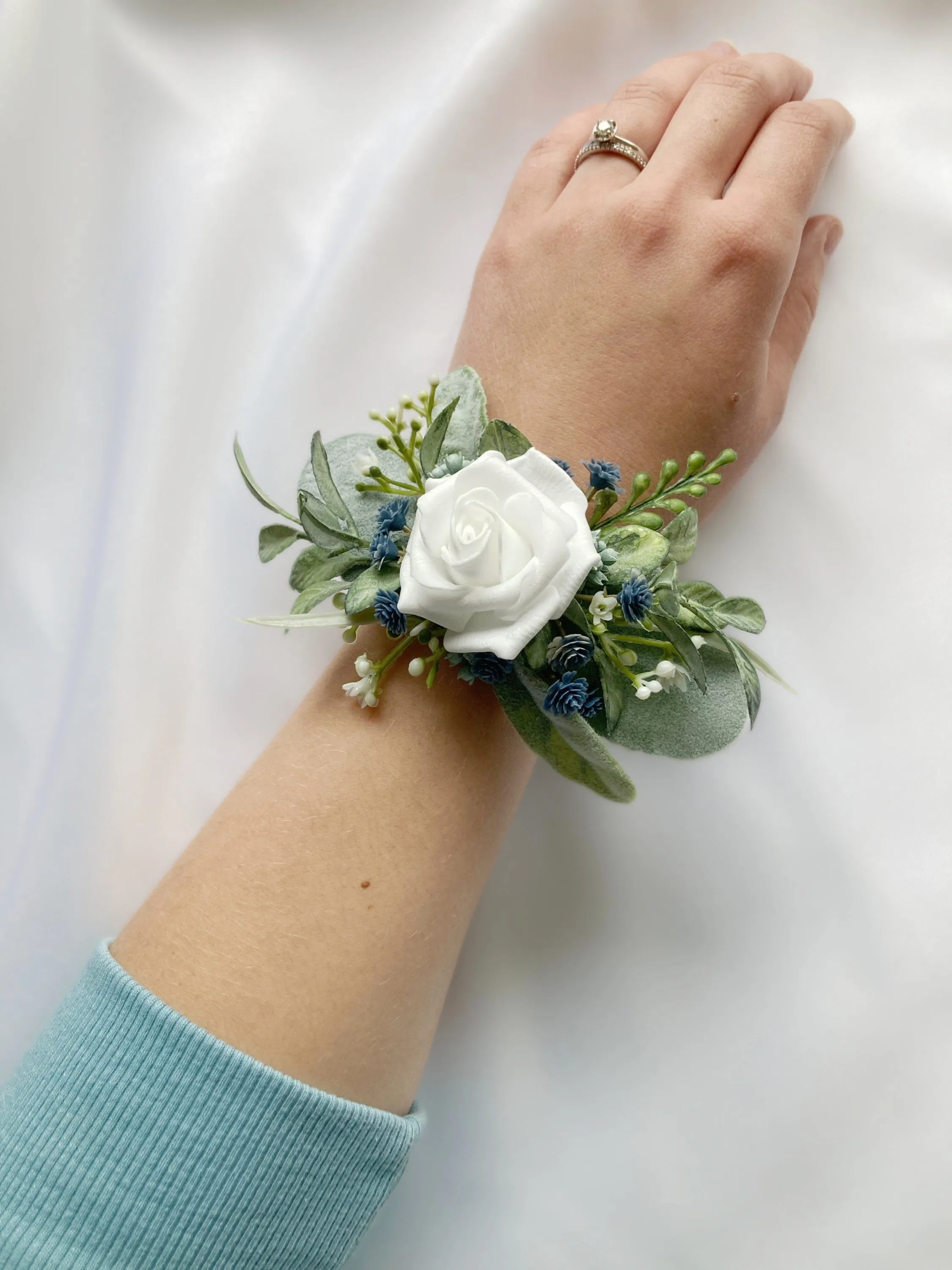 Dusty Blue   White Wrist Corsage
