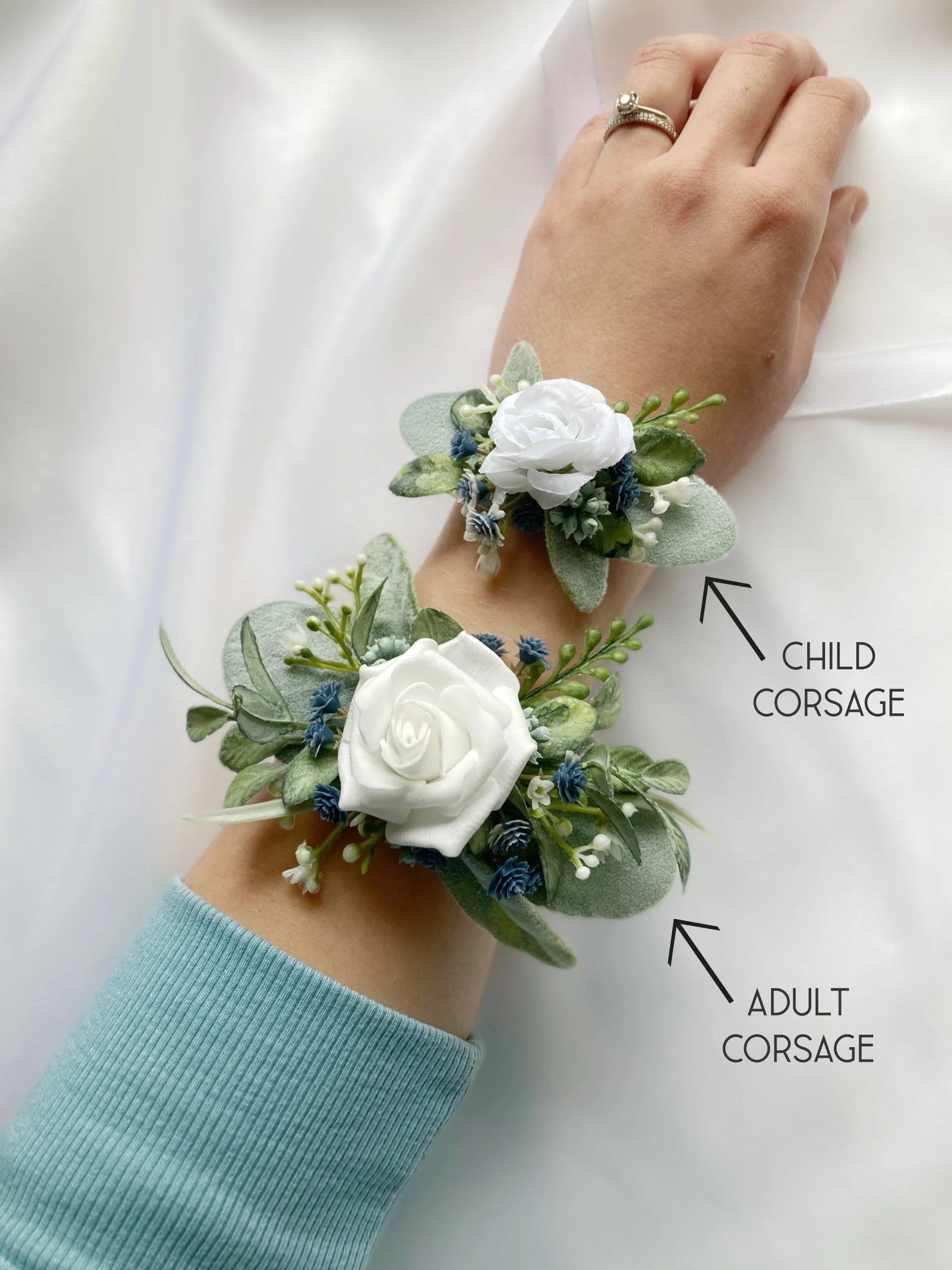 Dusty Blue   White Wrist Corsage