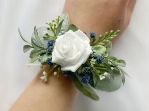 Dusty Blue   White Wrist Corsage