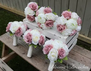 Dusty Rose and Ivory Wedding Bouquet, Wedding Flowers, Bridesmaid Bouquets, Corsage, bridal Flower Package