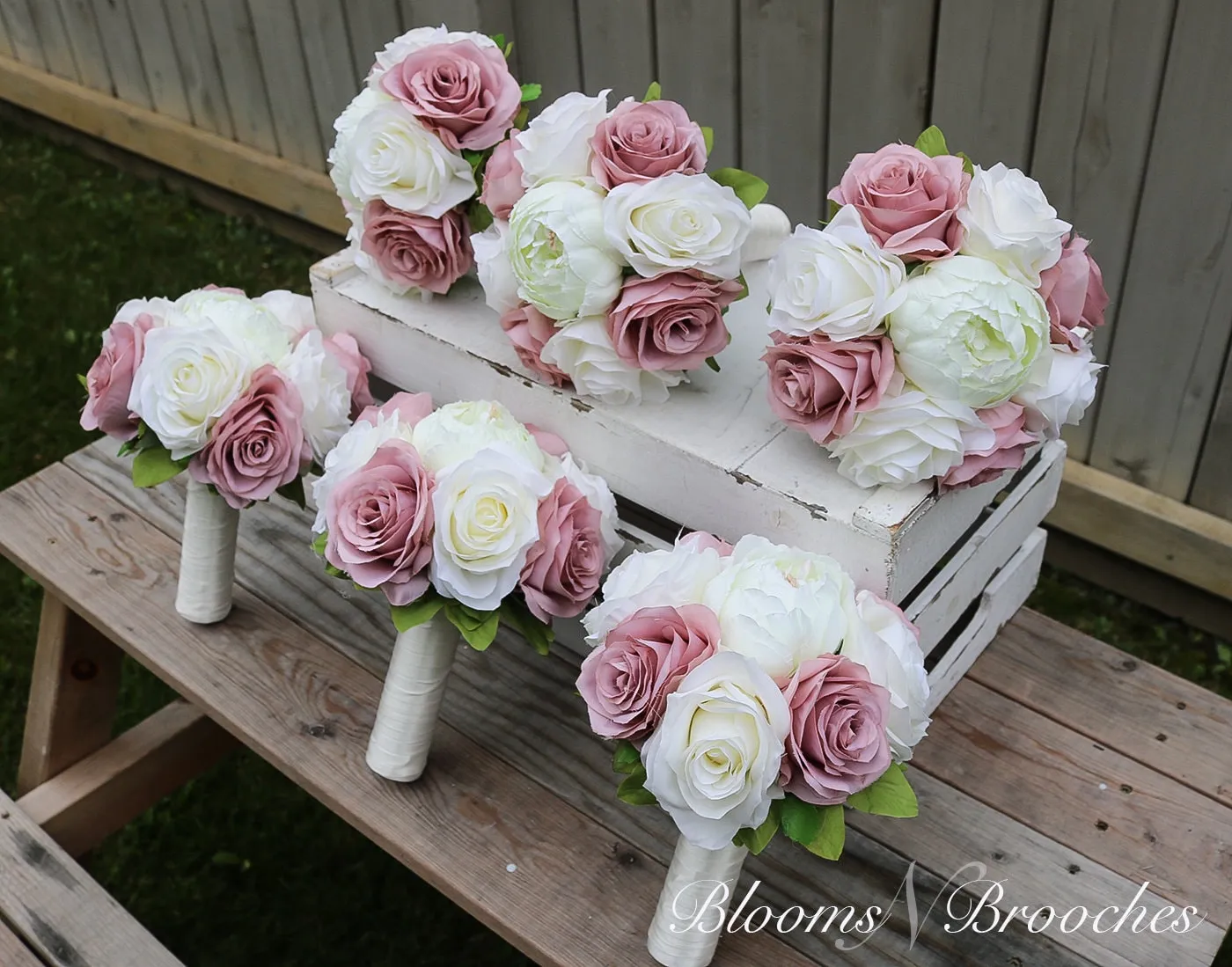 Dusty Rose and Ivory Wedding Bouquet, Wedding Flowers, Bridesmaid Bouquets, Corsage, bridal Flower Package