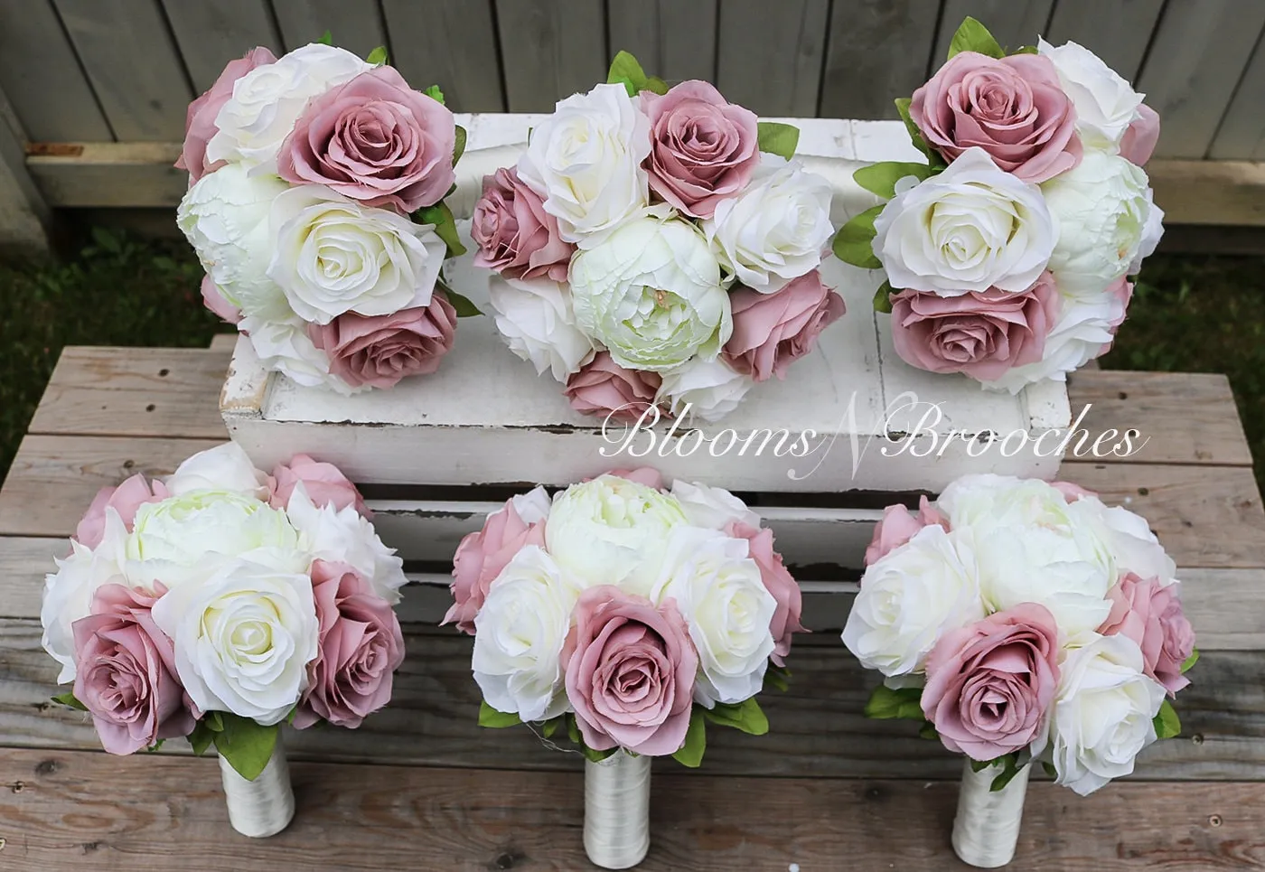 Dusty Rose and Ivory Wedding Bouquet, Wedding Flowers, Bridesmaid Bouquets, Corsage, bridal Flower Package