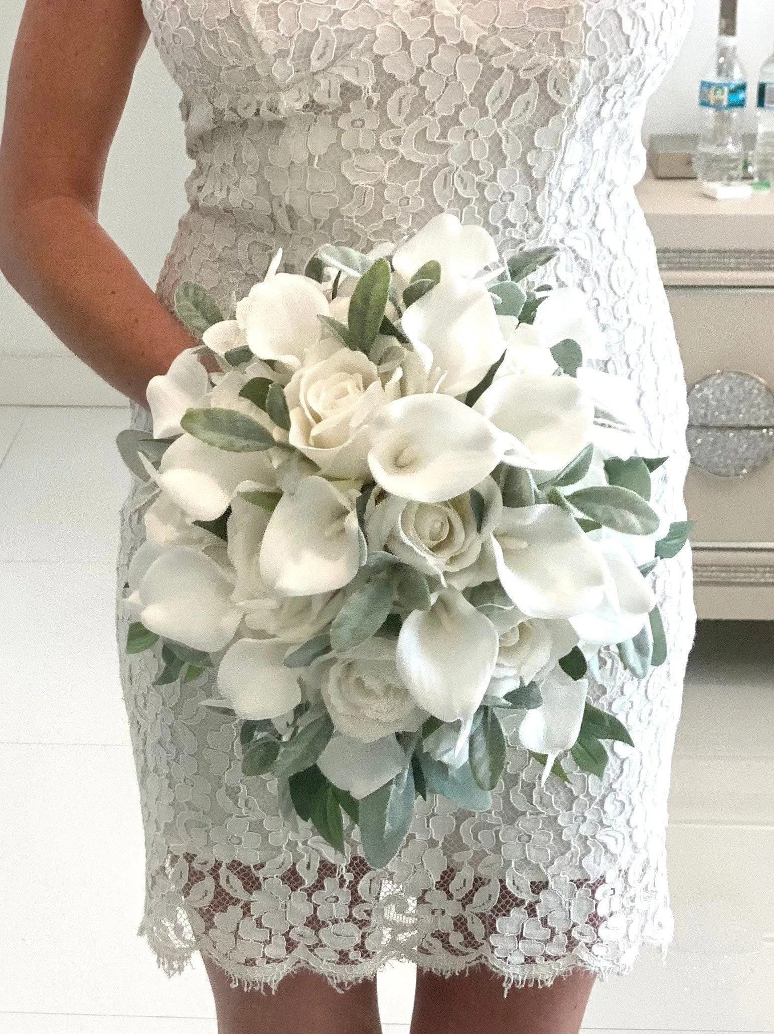 Faux Sage, Rose, Lambs Ear and Calla Lily Wedding Flowers