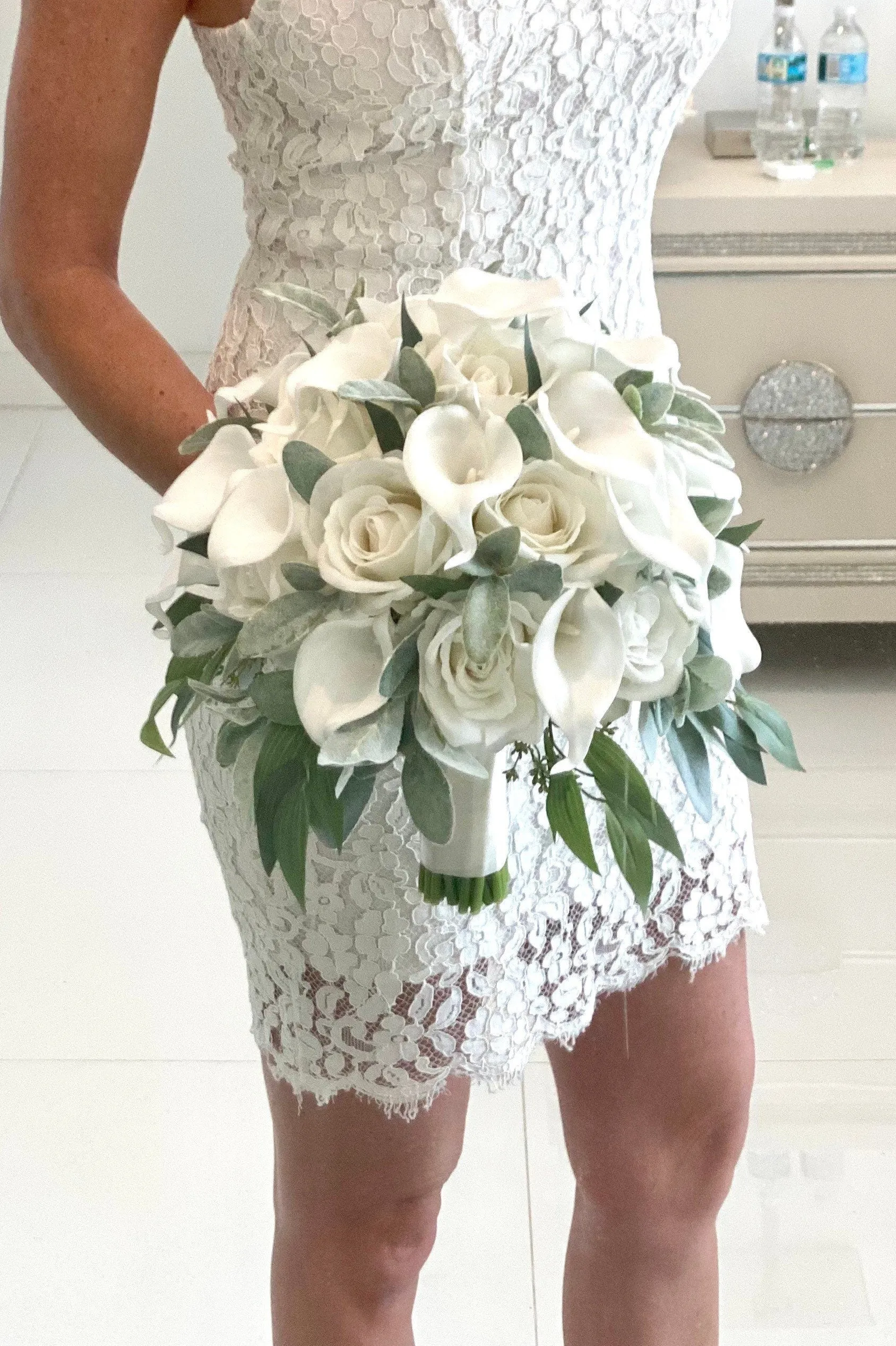 Faux Sage, Rose, Lambs Ear and Calla Lily Wedding Flowers