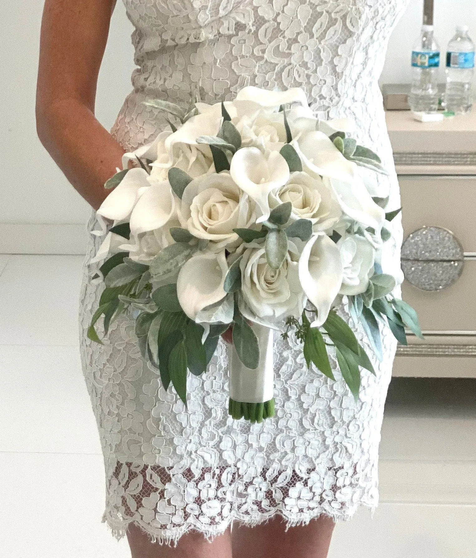 Faux Sage, Rose, Lambs Ear and Calla Lily Wedding Flowers