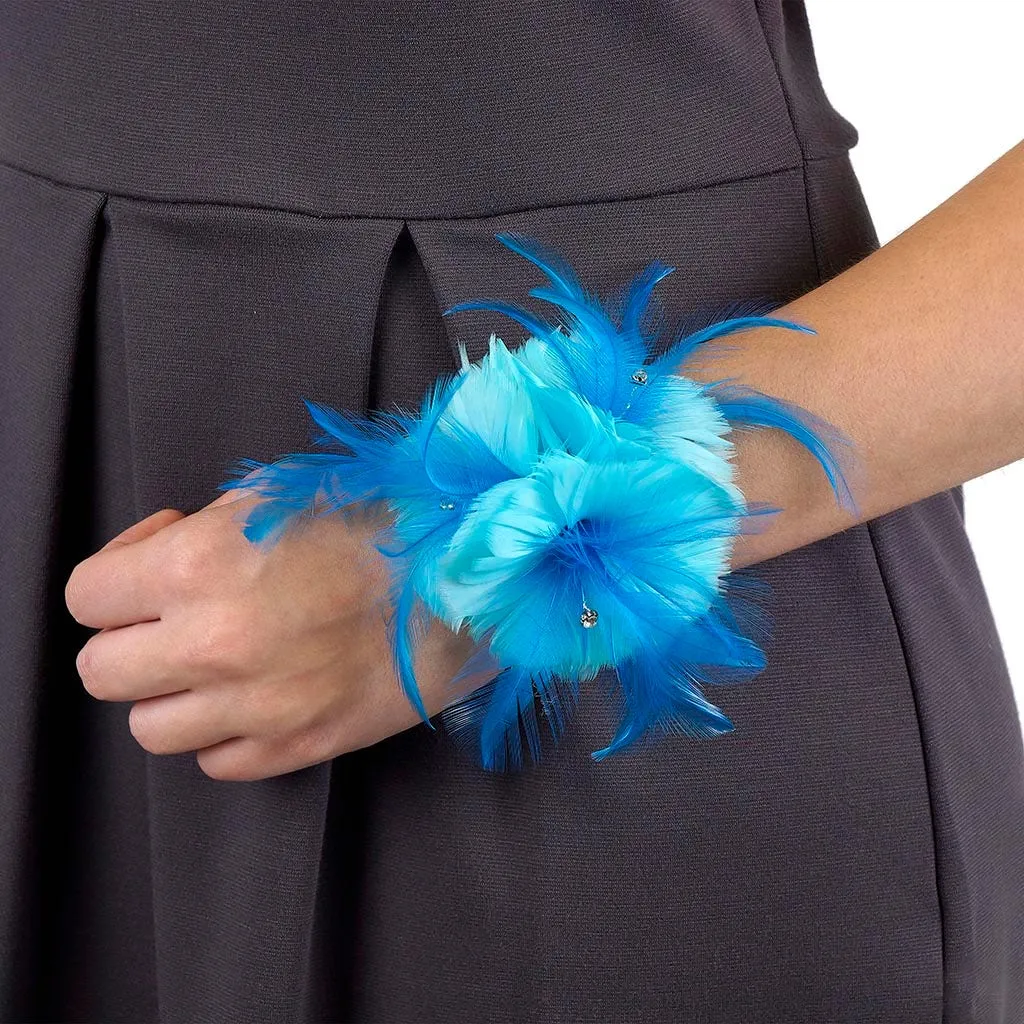 Feather Corsage-Coquille-Hackle-Jewel - Lt Turq/Dk Turq