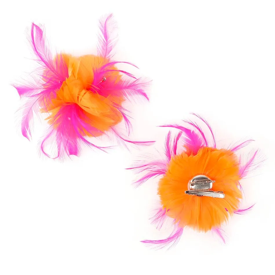 Feather Corsage-Coquille-Hackle-Jewel - Mango/Shocking Pink