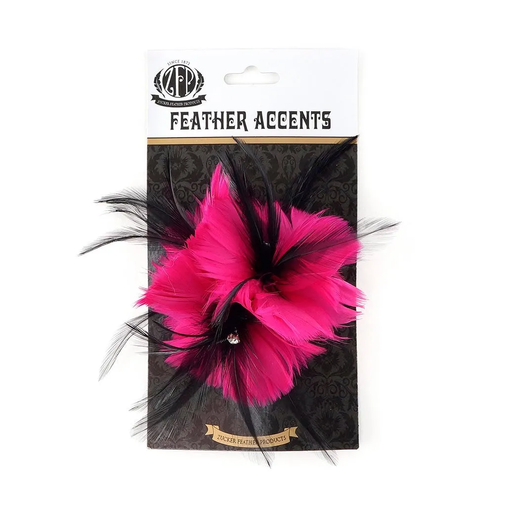 Feather Corsage-Coquille-Hackle-Jewel - Shocking Pink/Black