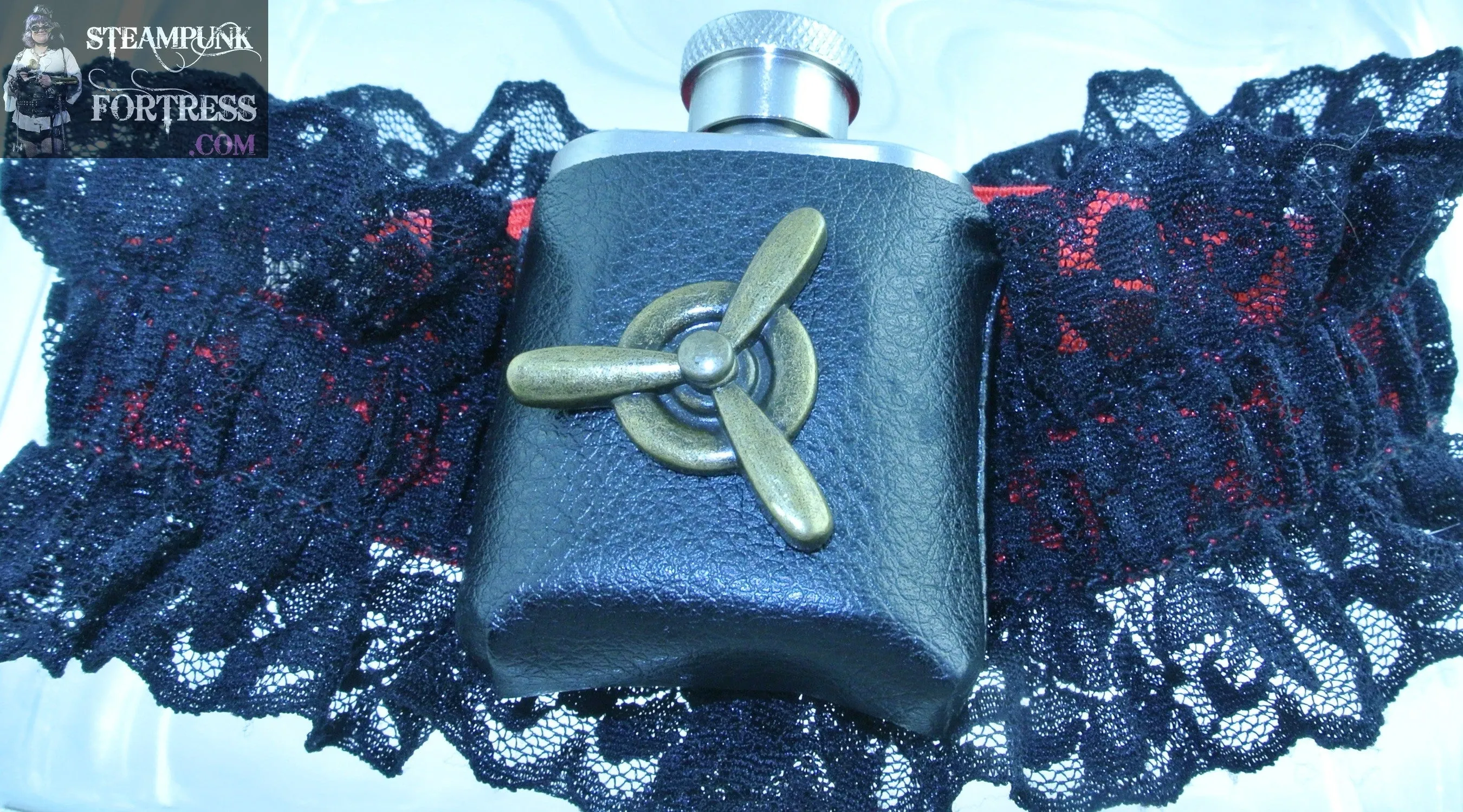FLASK REAL 1 OZ SHOT WORKING BRASS KINETIC SPINS SPINNING PROPELLER BRASS TH WATCH CLOCK GEAR BLACK RED GARTER WEDDING STARR WILDE STEAMPUNK FORTRESS