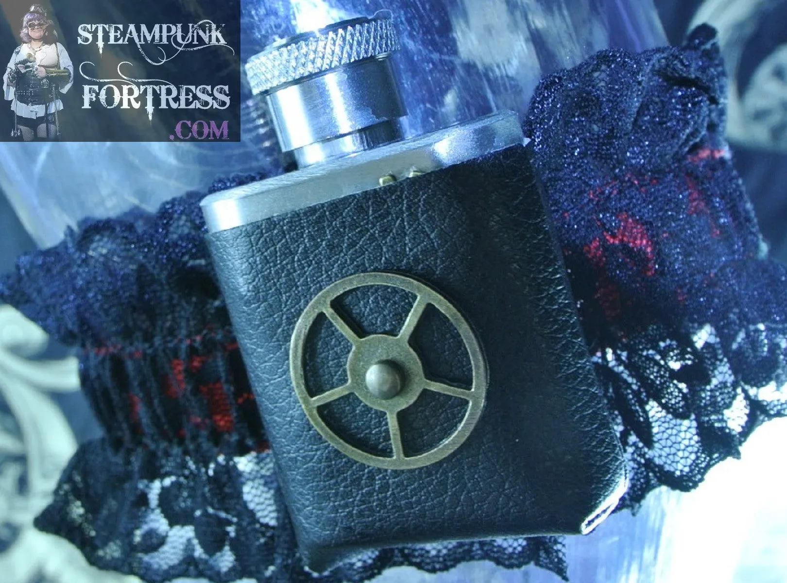 FLASK REAL 1 OZ SHOT WORKING BRASS TH WATCH CLOCK GEAR 3 BRASS GEARS BLACK RED GARTER WEDDING STARR WILDE STEAMPUNK FORTRESS