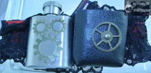 FLASK REAL 1 OZ SHOT WORKING BRASS TH WATCH CLOCK GEAR 3 BRASS GEARS BLACK RED GARTER WEDDING STARR WILDE STEAMPUNK FORTRESS