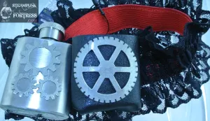 FLASK REAL 1 OZ SHOT WORKING SILVER XL WATCH CLOCK ROUND GEAR 3 SILVER GEARS ON FLASK BLACK RED GARTER WEDDING STARR WILDE STEAMPUNK FORTRESS