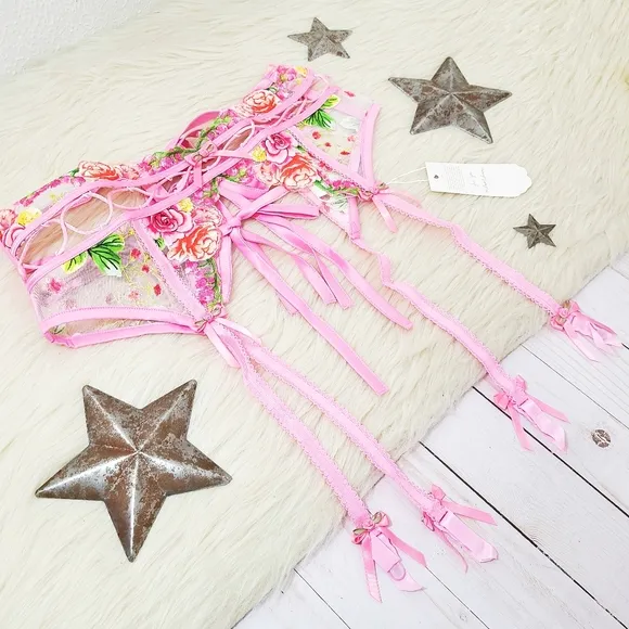 For Love &amp; Lemons Sabrina garter belt pink lace floral corset size large NEW NWT