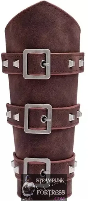 GAUNTLET BROWN GENUINE LEATHER 3 SILVER BUCKLES STUDS GUARD BRACER HALLOWEEN COSTUME COSPLAY