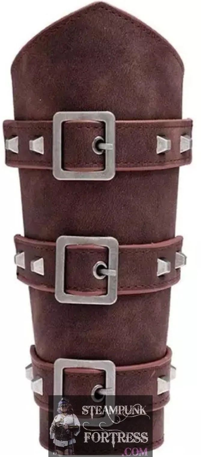 GAUNTLET BROWN GENUINE LEATHER 3 SILVER BUCKLES STUDS GUARD BRACER HALLOWEEN COSTUME COSPLAY