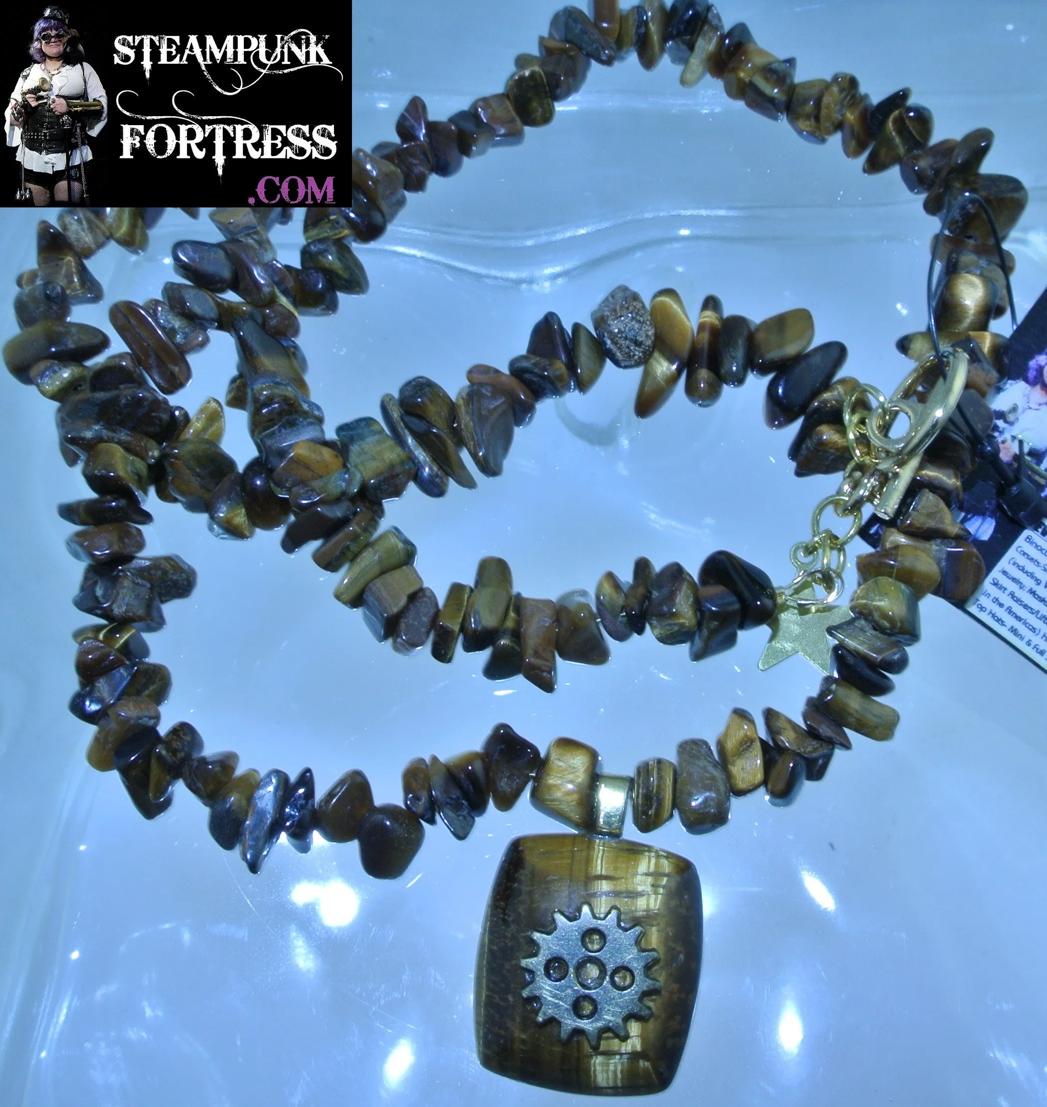 GOLD TIGERS EYE GEMSTONE RECTANGLE BRASS WATCH CLOCK GEAR GEMSTONES STONES CHIPS NECKLACE SET AVAILABLE 2 SIDED REVERSIBLE STARR WILDE STEAMPUNK FORTRESS