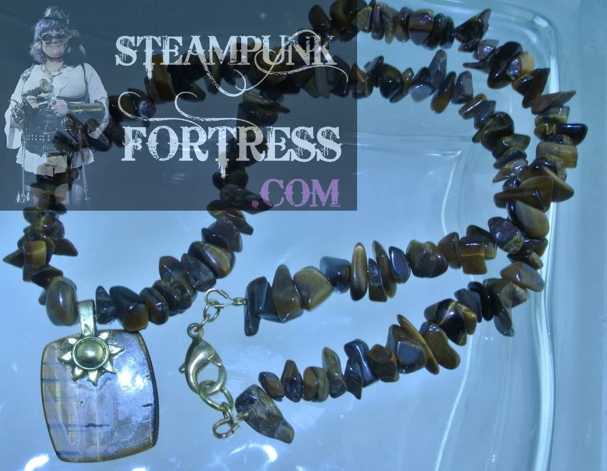 GOLD TIGERS EYE GEMSTONE RECTANGLE BRASS WATCH CLOCK GEAR GEMSTONES STONES CHIPS NECKLACE SET AVAILABLE 2 SIDED REVERSIBLE STARR WILDE STEAMPUNK FORTRESS