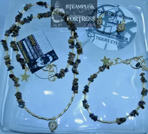 GOLD TIGERS EYE GEMSTONES STONES CHIPS HEART GEAR DOG BONE BEADS NECKLACE SET AVAILABLE 2 SIDED REVERSIBLE STARR WILDE STEAMPUNK FORTRESS