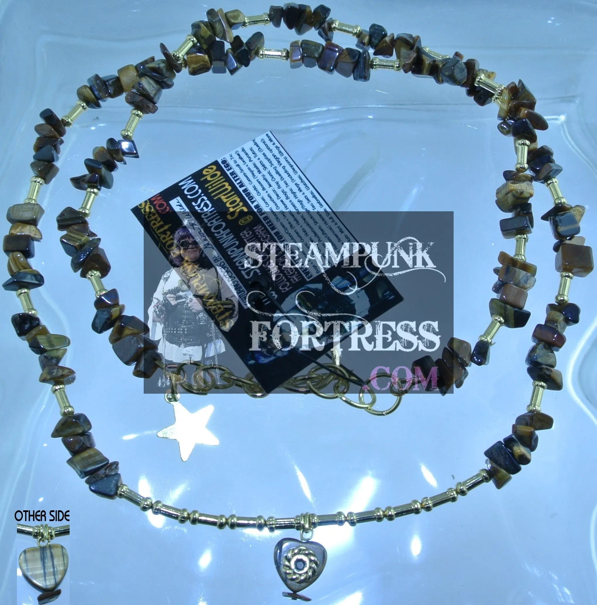 GOLD TIGERS EYE GEMSTONES STONES CHIPS HEART GEAR DOG BONE BEADS NECKLACE SET AVAILABLE 2 SIDED REVERSIBLE STARR WILDE STEAMPUNK FORTRESS