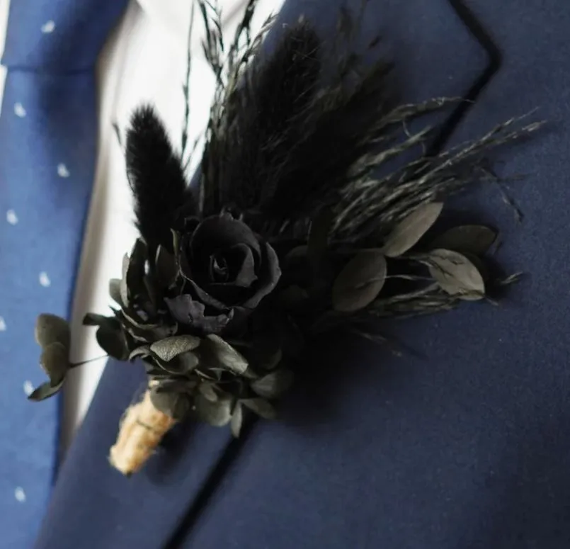 Gothic Black Dried Flower Boutonniere