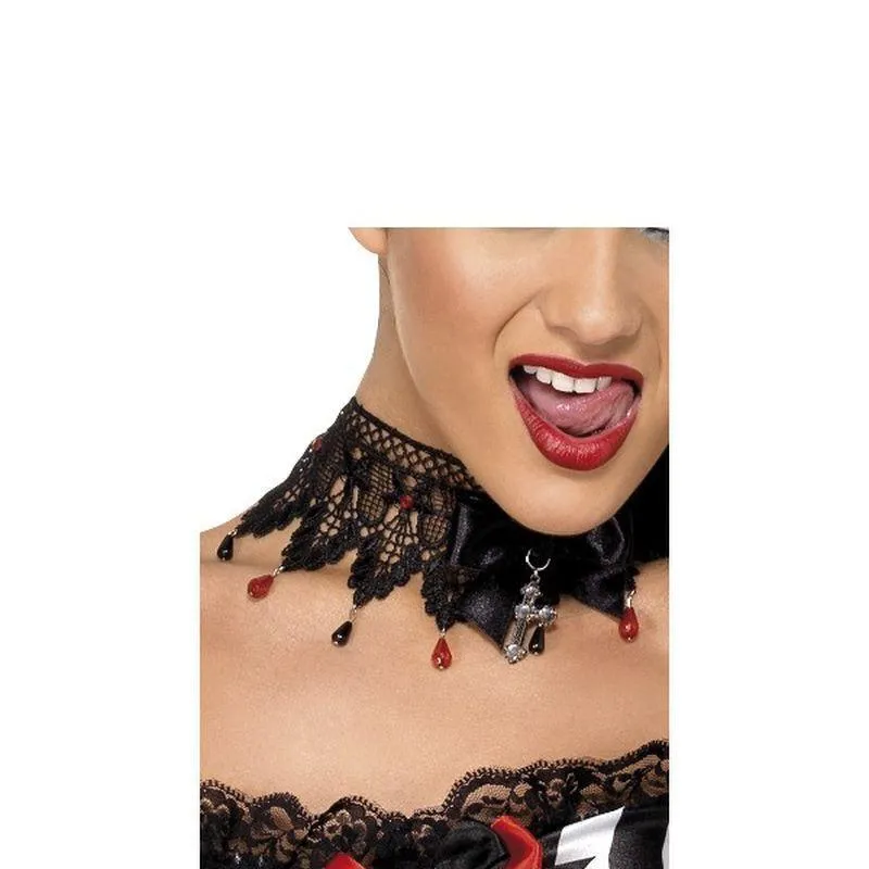 Gothic Ribbon And Lace Beaded Necklace Adult Womens