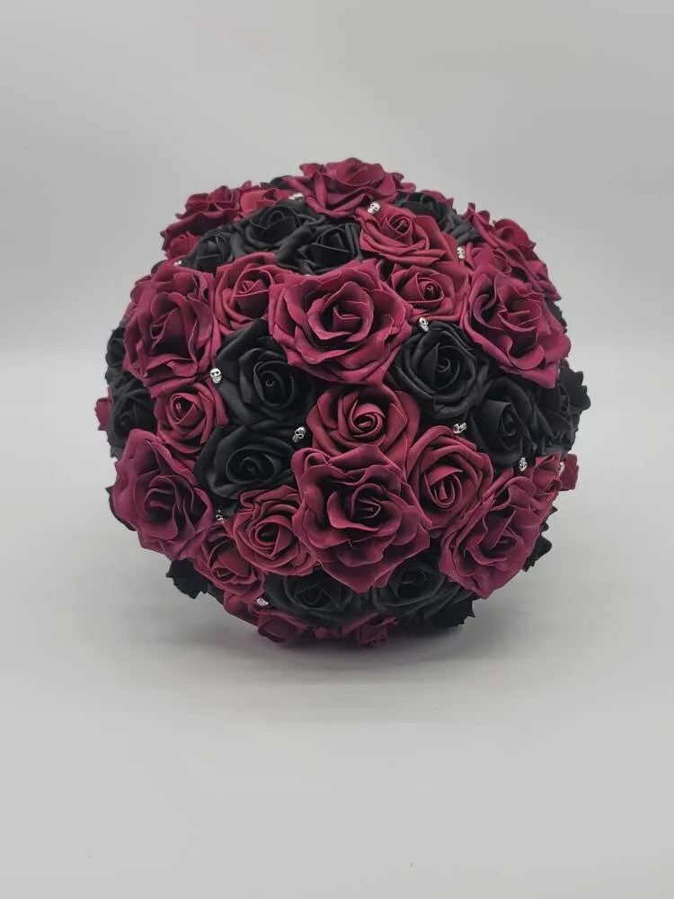 Gothic Skull Black And Burgundy Wedding Bouquet