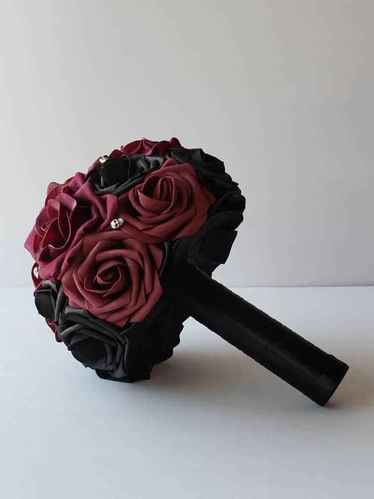 Gothic Skull Black And Burgundy Wedding Bouquet